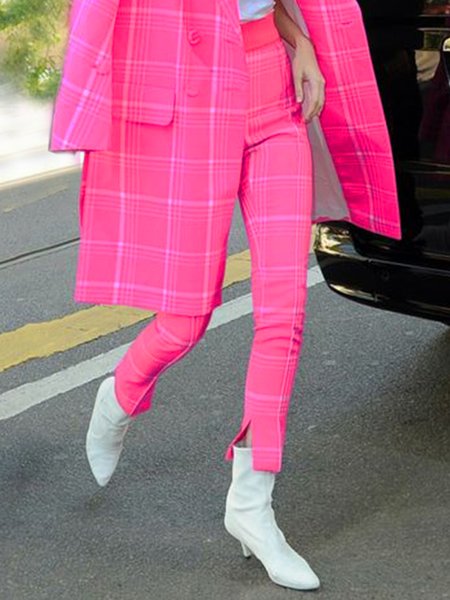 Regular Size Urban Plaid Tight Fashion Pants, Pink, Pants
