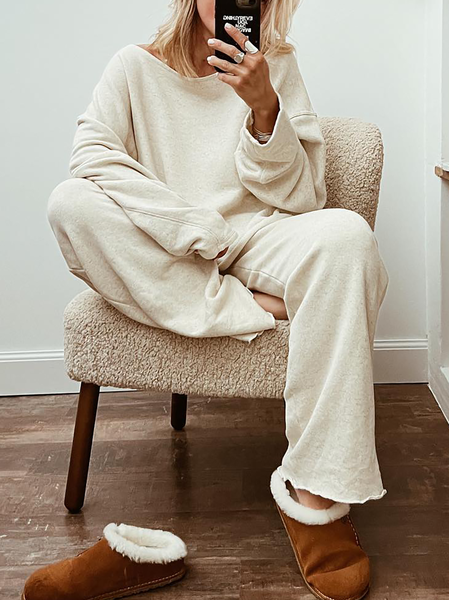 Crew Neck Plain Casual Two-Piece Set, Beige, Suits