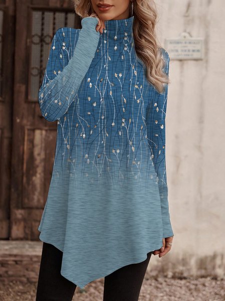 Floral Knitted Turtleneck Casual T-Shirt, Blue, T-Shirts