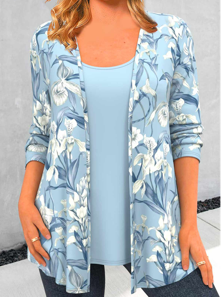 Crew Neck Floral Casual Loose Two-Piece Set, Blue, Suit Set
