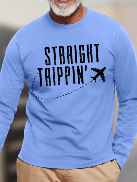 Men’s Straicht Trippin Casual Crew Neck Regular Fit Top, Light blue, Long Sleeves