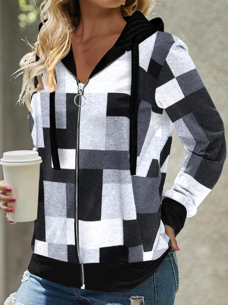 Loose Casual Color Block Hoodie Kimono, Black-white, Coats