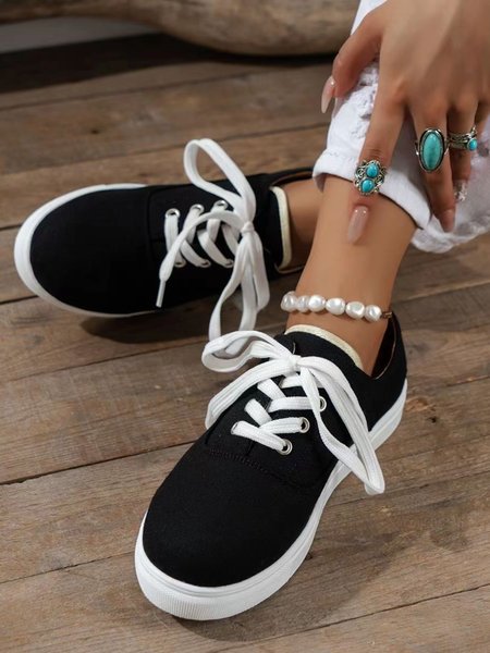 Women Minimalist Casual Lace-Up Canvas Shoes, Black, Sneakers