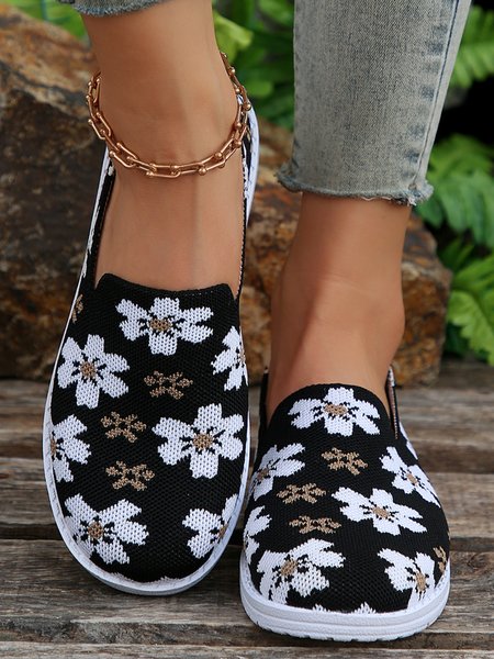 Casual Floral Breathable Mesh Fabric Slip On Sneakers, Black, Sneakers