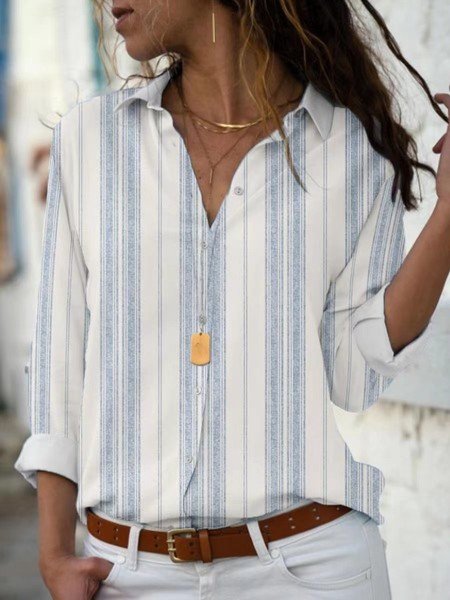 Striped Casual Blouse, White, Shirts & Blouses