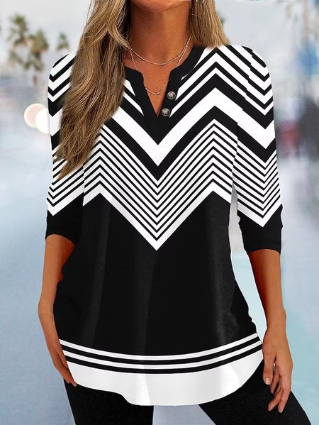Casual Loose Geometric V Neck T-Shirt, Black, T-Shirts