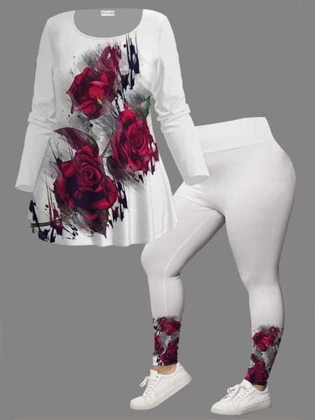 Crew Neck Casual Floral Regular Fit Two-Piece Set, White, Suit Set