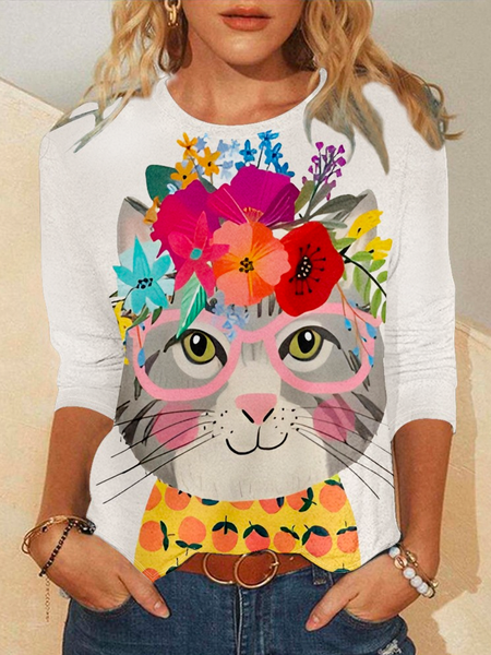 Women's Crew Neck Simple Cute Cat Shirt, White, Long sleeves