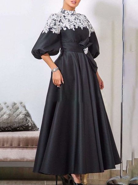 Elegant Loose Color Block Dress With Belt, Black, Maxi Dresses