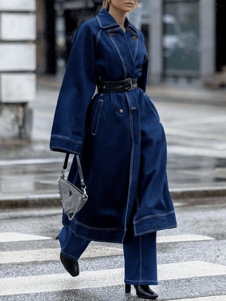 Long Urban Plain Denim Coat With Belt, Blue, Jackets