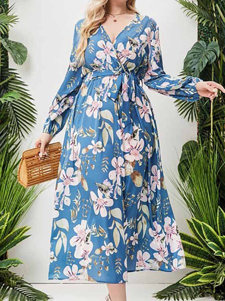 Casual Floral V neck Dress With No, Blue, Dresses