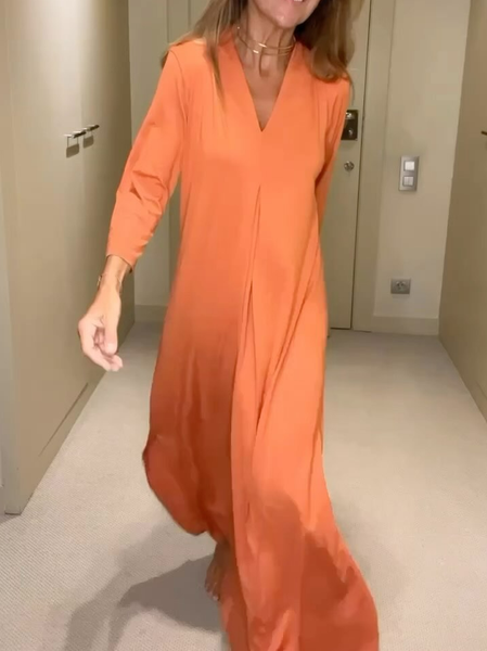 V Neck Plain Regular Fit Casual Dress, Orange, Dresses