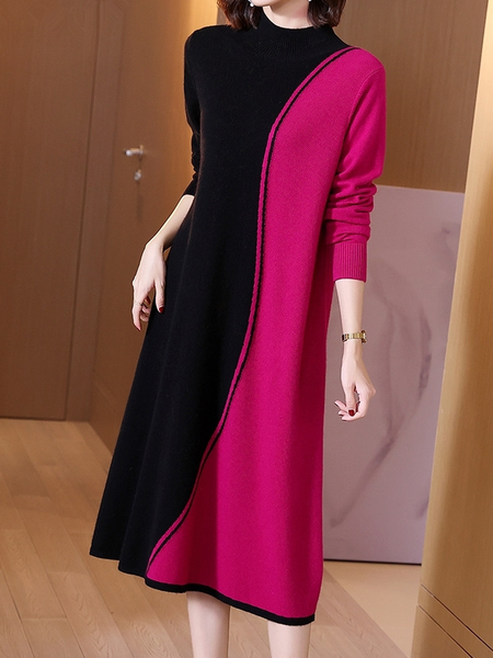Stand Collar Long Sleeve Elegant Loose Color Block Sweater Midi Dress, Black-red, Midi Dresses
Stand Collar Long Sleeve Elegant Loose Color Block Sweater Midi Dress, Black-red, Midi Dresses