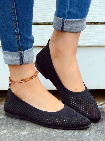 Breathable Mesh Fabric Pointed Toe Shallow Shoes, Black, Flats