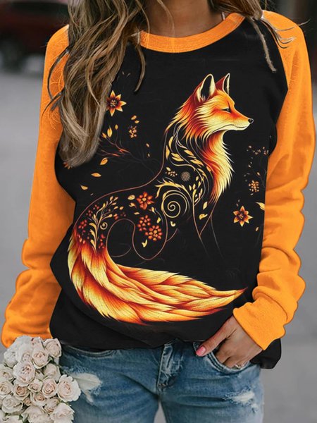 Crew Neck Animal Loose Casual Sweatshirt, Orange, Sweatshirts & Hoodies
