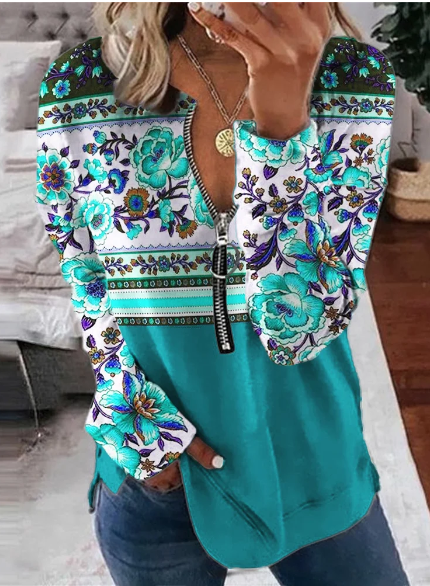 Zipper Loose Ethnic Casual Sweatshirt, Blue, Sweatshirts & Hoodies