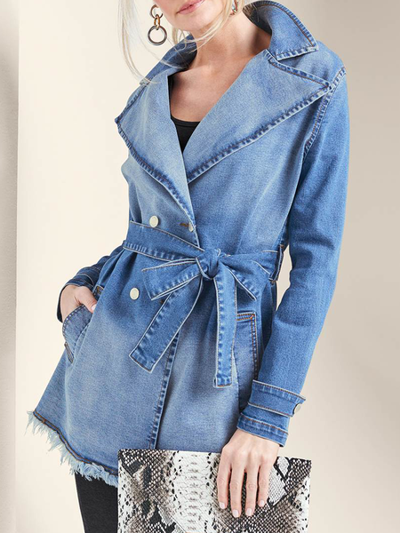 Lapel Collar Long Sleeve Loose Plain Urban Denim Coat, Denim blue, Jackets
