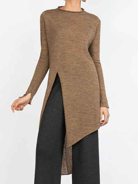 High Elasticity Regular Fit Plain Long Sleeve Urban Mid-long Sweater, Brown, Pullovers