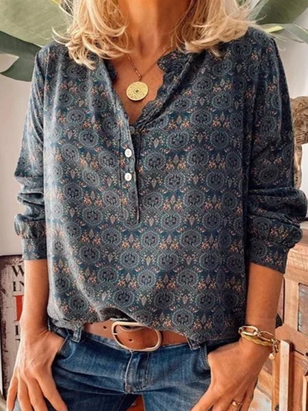 Casual V Neck Geometric Shirt, Dark green, Shirts & Blouses