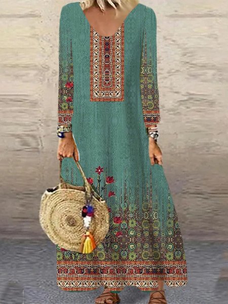 Casual Abstract Crew Neck Regular Fit Dress With No, Green, Dresses