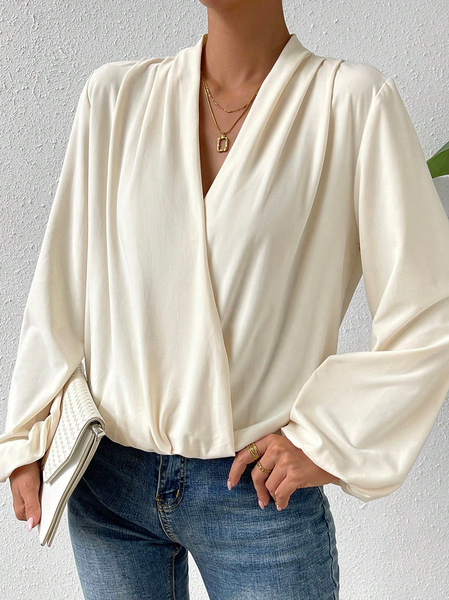 V Neck Casual Loose Plain T-Shirt, Apricot, T-Shirts