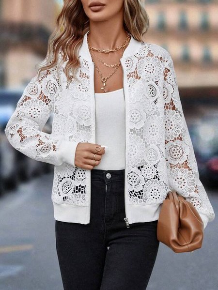 Casual Crew Neck Loose Lace Kimono, White, Cardigans