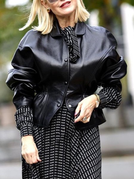 Plain Loose Urban Long Sleeve Leather Coat, Black, Jackets