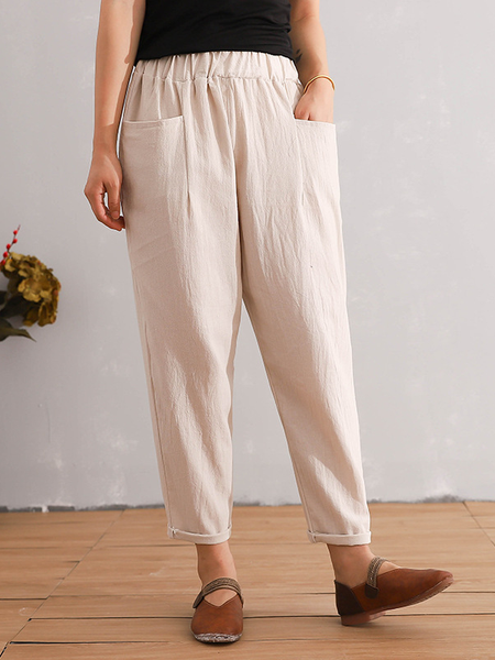 Plain Pockets Casual Pants, Off white, Pants