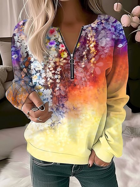 Floral Loose Casual Sweatshirt, Yellow, Sweatshirts & Hoodies