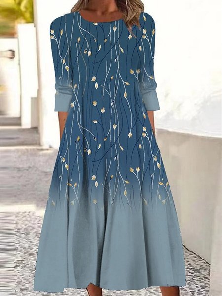 Casual Crew Neck Floral Dress, Blue, Dresses
