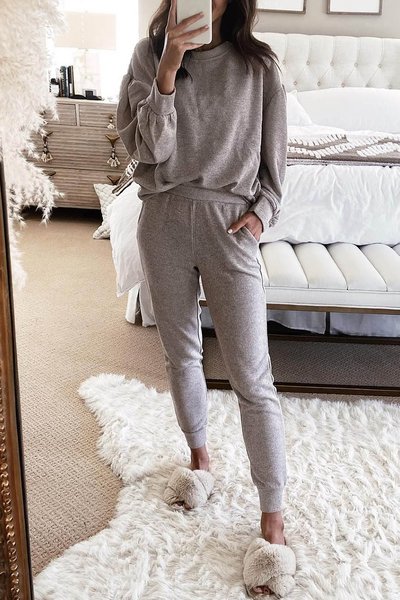 Loose Casual Plain Knitted Two-Piece Set, Gray, Suit Set