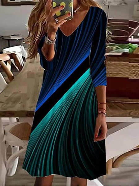 V Neck Abstract Casual Loose Long Sleeve Midi Dress, Green, Dresses