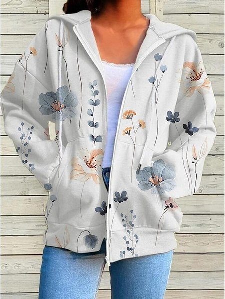 Hoodie Loose Floral Casual Kimono, White, Coats