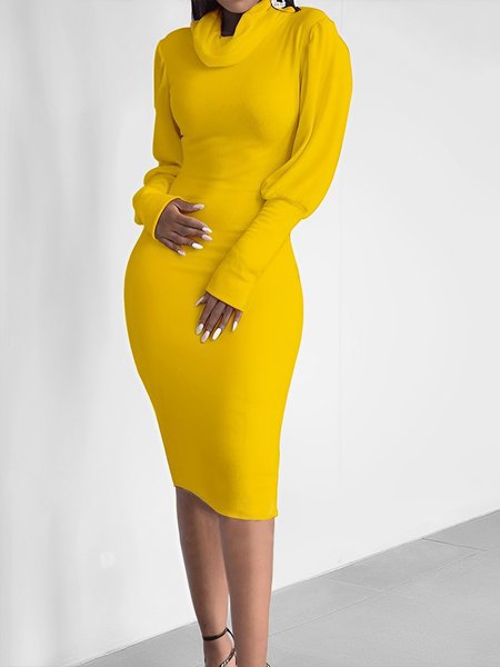 Long Sleeve Urban Plain Regular Fit Others Dress, Yellow, Midi Dresses