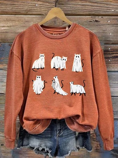 Knitted Loose Casual Cat Sweatshirt, Orange, Sweatshirts & Hoodies