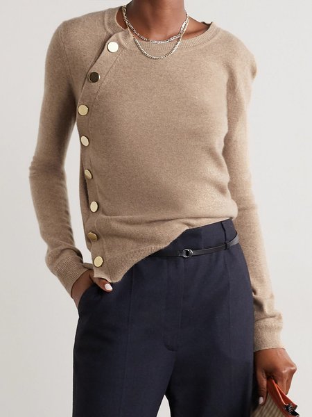 

Buttoned Crew Neck Urban Long Sleeve Sweater, Khaki, Pullovers