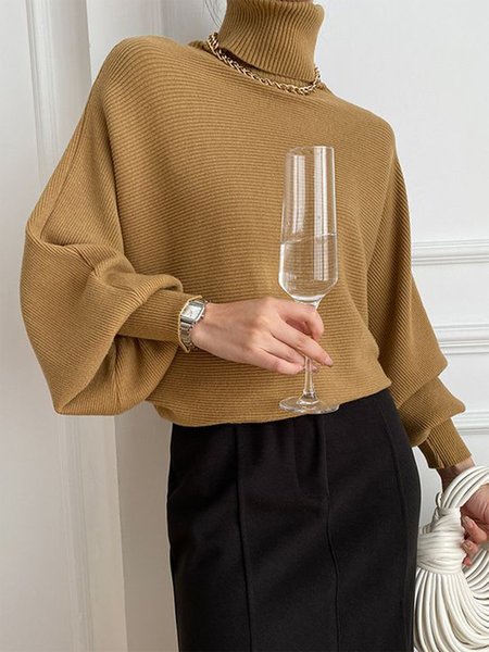 

Lantern Sleeve Loose Elegant Turtleneck Sweater, Khaki, Pullovers