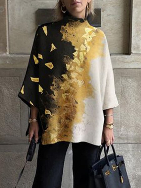 Loose Urban Stand Collar Abstract Print Shirt, As picture, Blouses and Shirts