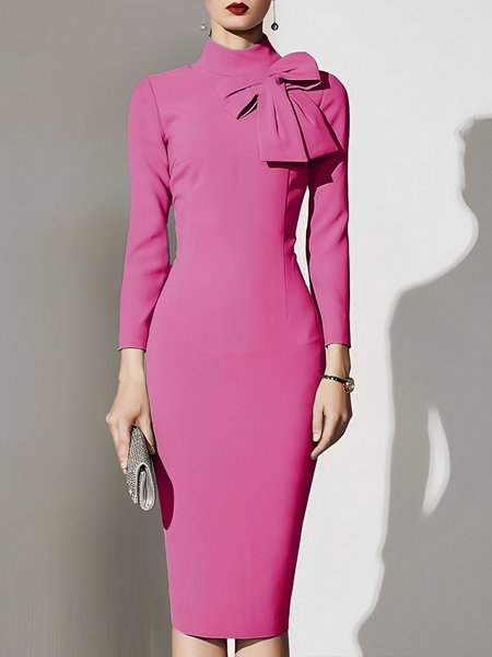 Plain Regular Fit Elegant Turtleneck Dress, Rose red, Midi Dresses