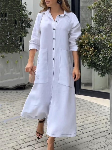 Shirt Collar Casual Plain Loose Dress, White, Dresses