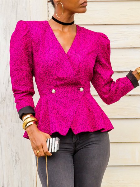 Elegant Regular Fit Long Sleeve V Neck Blouse, Rose red, Blouses and Shirts