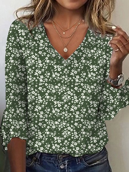 Casual Flare Sleeve Loose T-Shirt, Green, T-Shirts