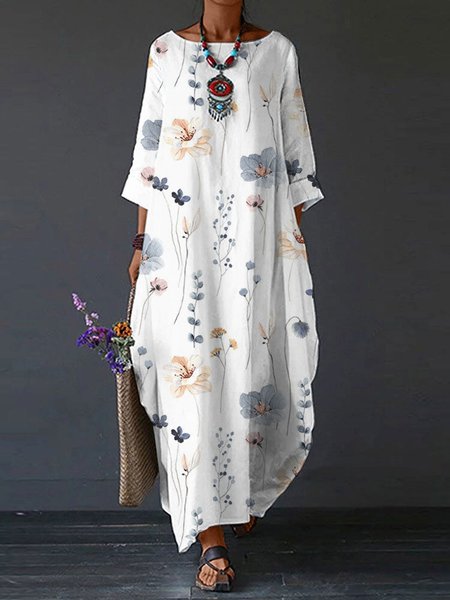 Cotton And Linen Casual Floral Dress, White, Dresses