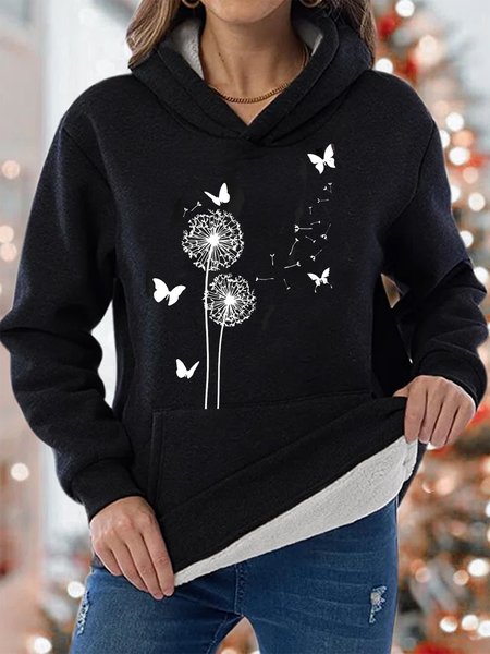 Dandelion Cotton-Blend Casual Loose Hoodie, Black, Sweatshirts & Hoodies