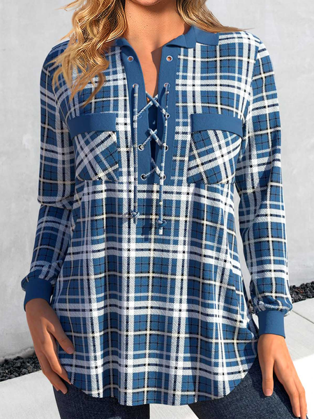 Casual Crew Neck Plaid Shirt, Blue, Shirts & Blouses