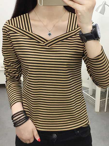 Women Striped Casual Long Sleeve T-shirt, Khaki, Long Sleeves