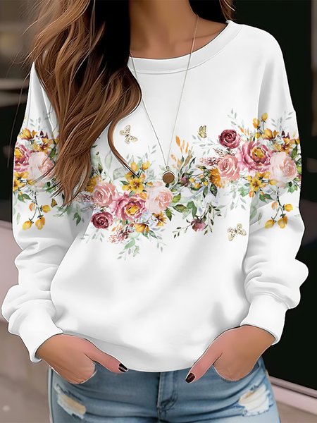 Casual Floral Sweatshirt, White, Sweatshirts & Hoodies
