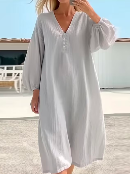 V Neck Loose Buttoned Elegant Dress With No, White, Dresses