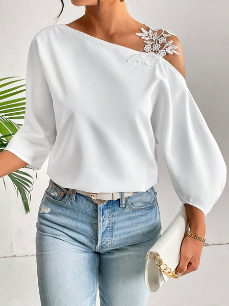 

Elegant Lace V Neck Floral Guipure Lace Appliques Asymmetrical Neck Batwing Sleeve Shirt, White, Shirts & Blouses