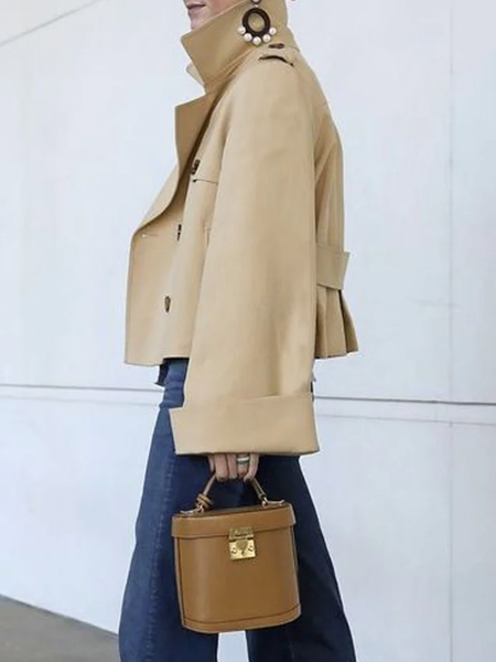 Plus Size Urban Plain Shawl Collar Long Sleeve Trench Coat, Khaki, Plus Outerwear
